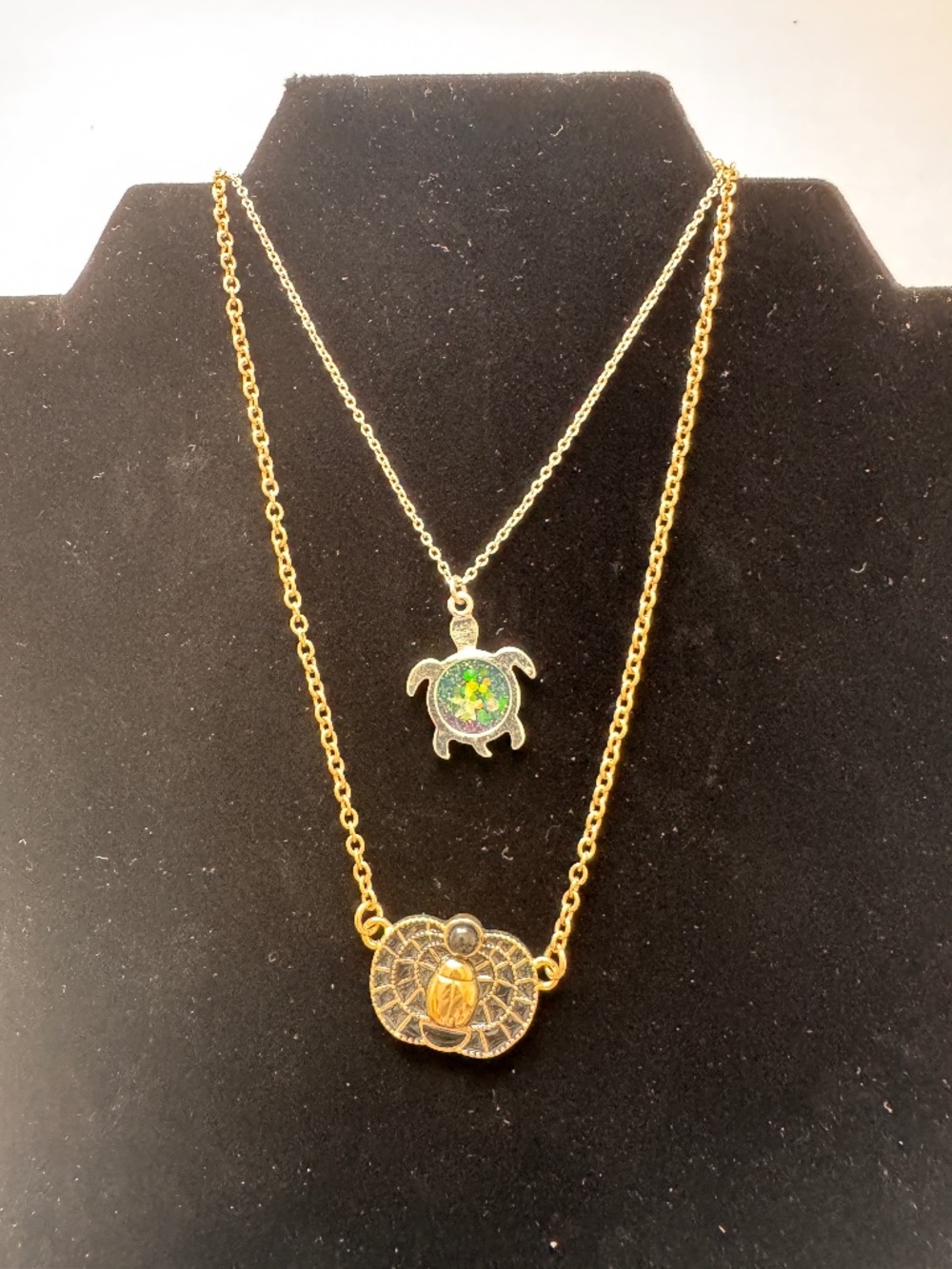 2pcs Vintage Style Pendant Necklace Lot Turtle Opal Inlay & Egyptian Scarab Gold